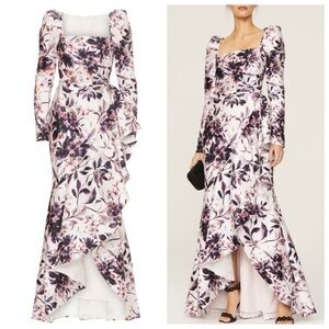 Badgley Mischka White Purple Floral Print Flounce Gown Long Sleeve Square Fun 10
